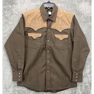 Wild Horse Design Men's Western Pearl Snap Shirt Large Brown Suede Shoulders‎